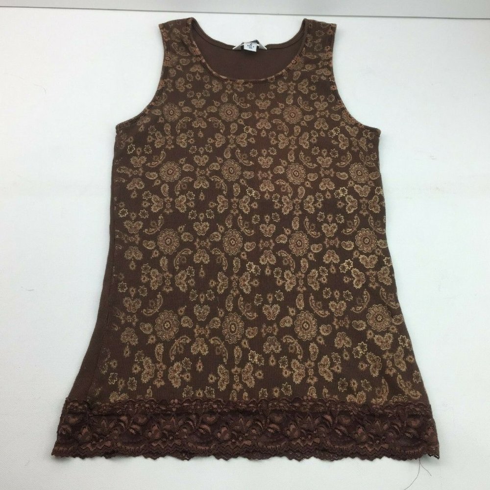 Anchor Blue Womens Brown Gold Lace Sleeveless Tank Top Shirt Layer Large